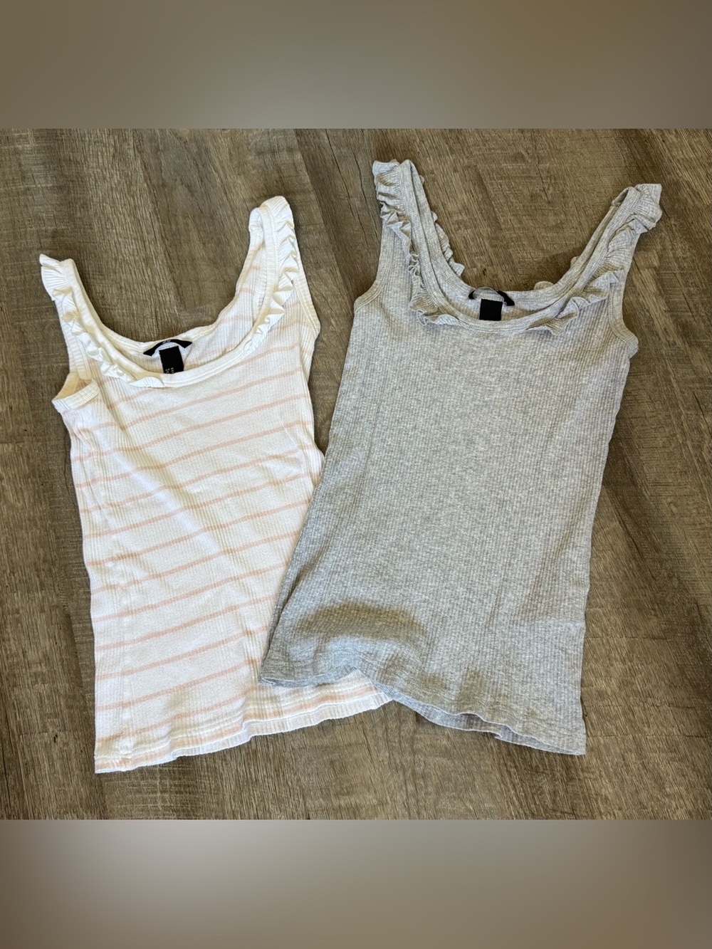 H&M Ruffled Scoop Ribbed Tank Tops - XS, 2 Piece Bundle, Grey/White, 100% Cotton